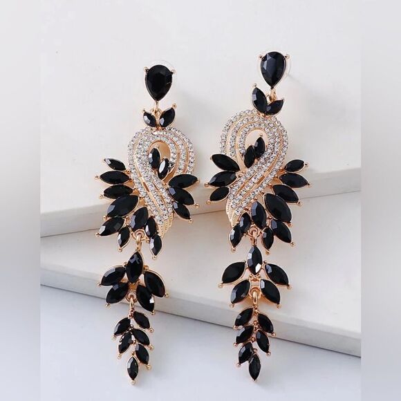 Rhinestone Decor Drop Black  Earrings Elegant - Picture 1 of 5